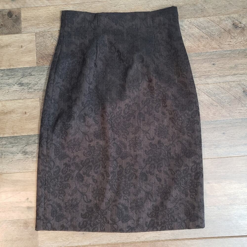Yansi Fugel Brown Wool Paisley Damask Pencil Skirt High Waisted Lined Size 2